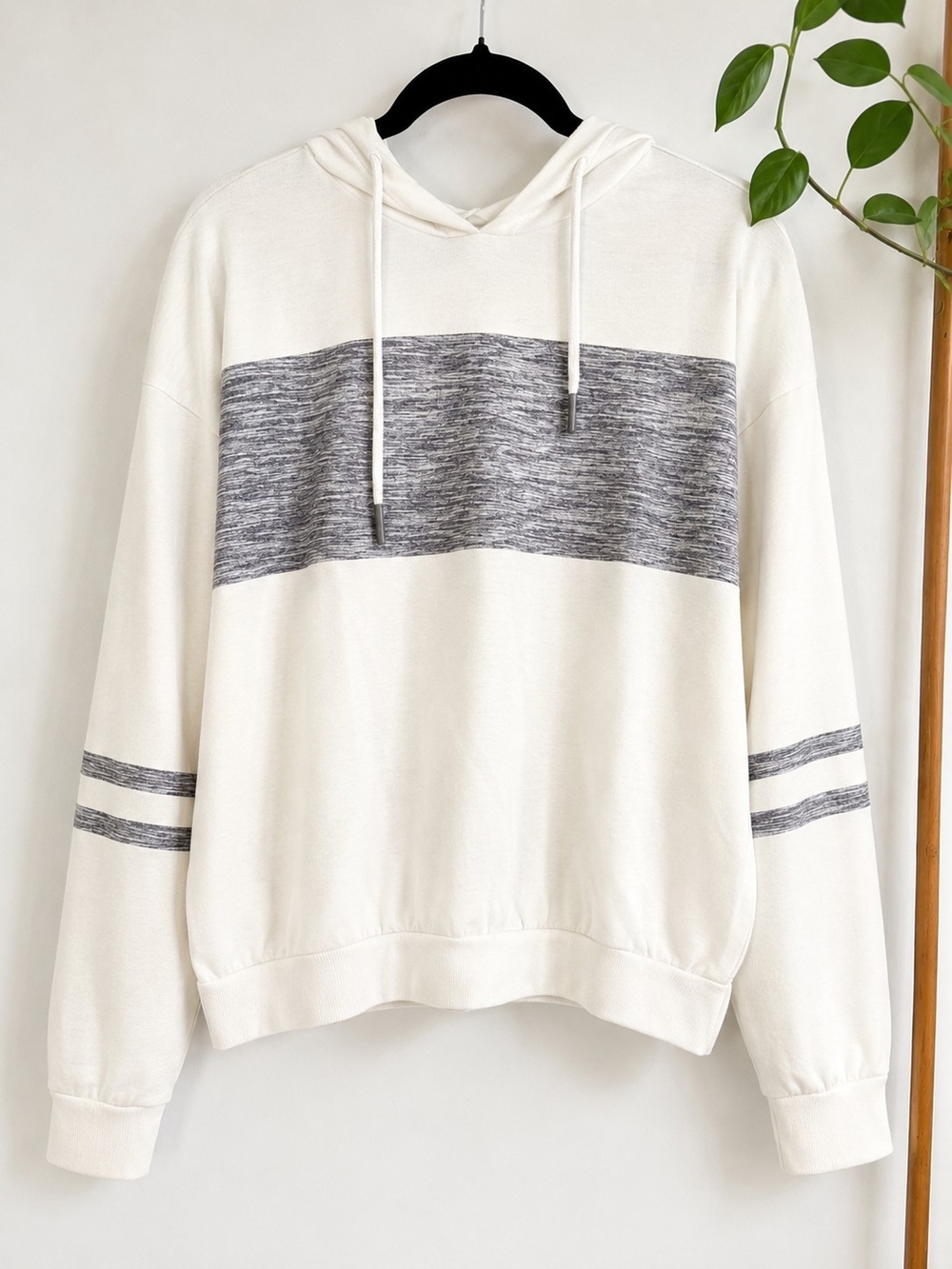 Cream Hoodie Sweatshirt with Gray Stripe